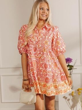 Olivaceous Pink/Orange Block Print Mini Dress NWOT Size Small